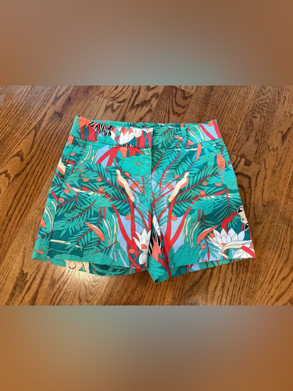 Talbots Green Coral Jungle Print Cotton Stretch Short Pockets Fly Zip size 2
